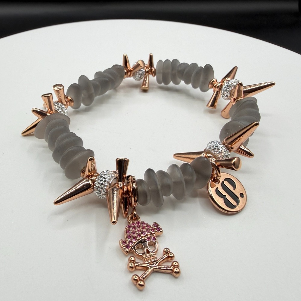 Rose Gold Tone Spike Skull Charm Stretch Bracelet Gray Glass Beads Statement